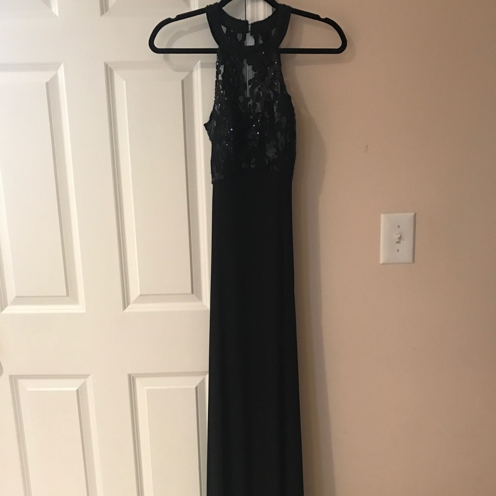 Black lace with sequin halter gown